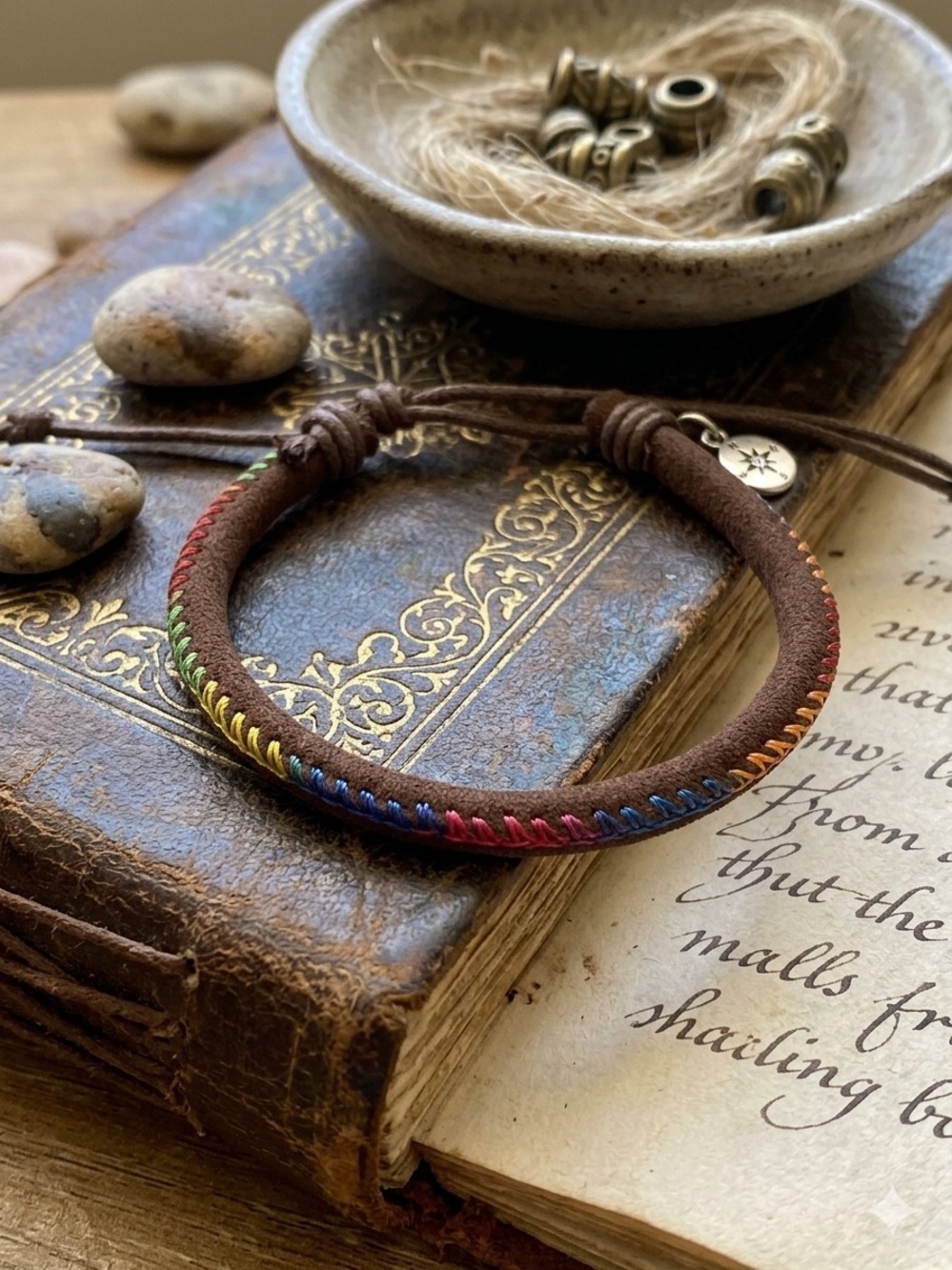 Brown Leather Bracelet with Rainbow Stitching